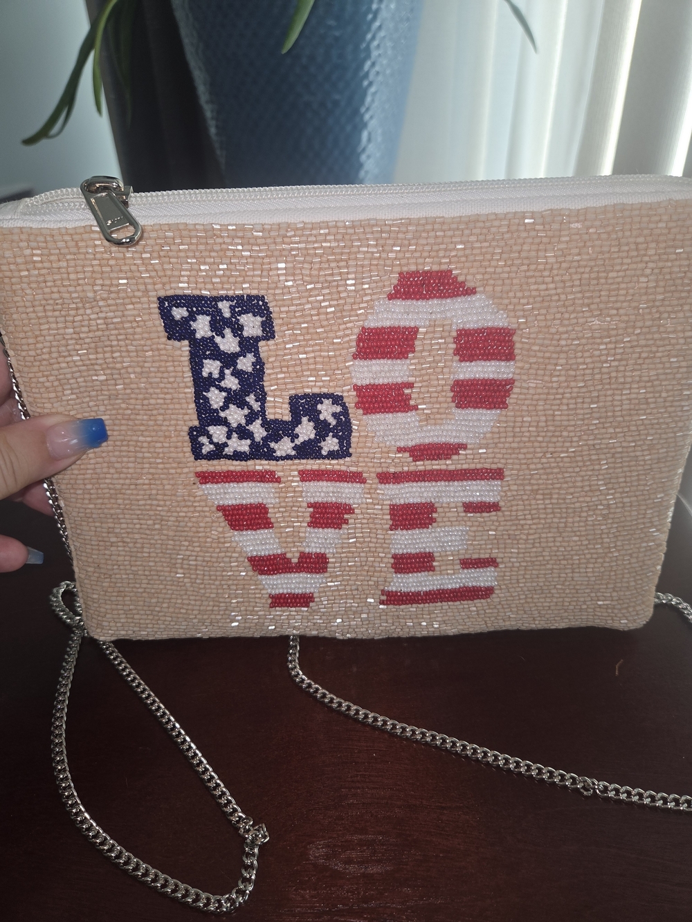 Peach Beaded 'LOVE' Crossbody Clutch with Flag Accent